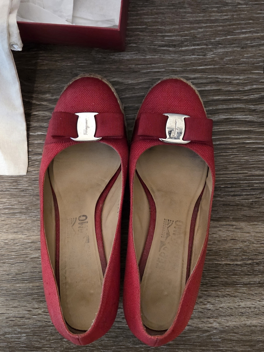 Salvatore Ferragamo Red Linen "Darly" Bow Espadrille Wedges